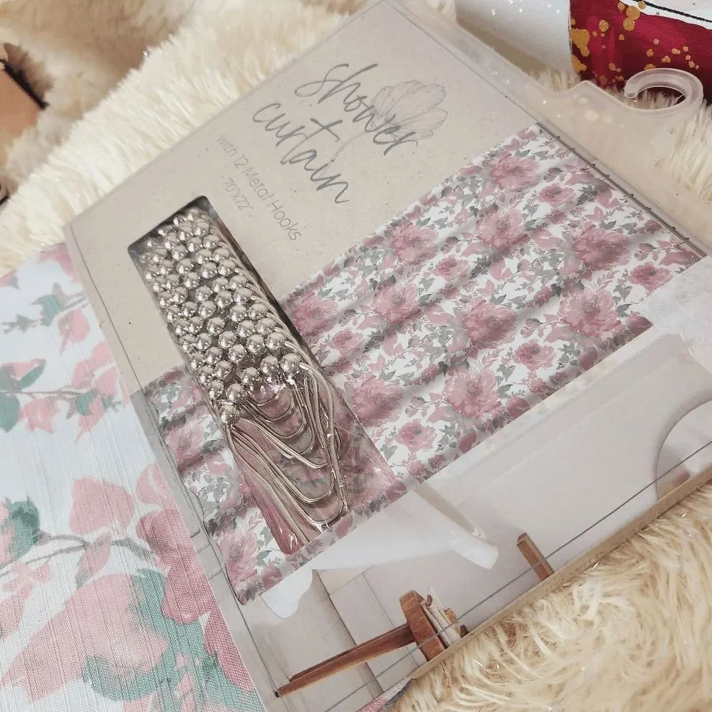 Pink floral shower curtain with 12 metal hooks 70 x 72 NEW